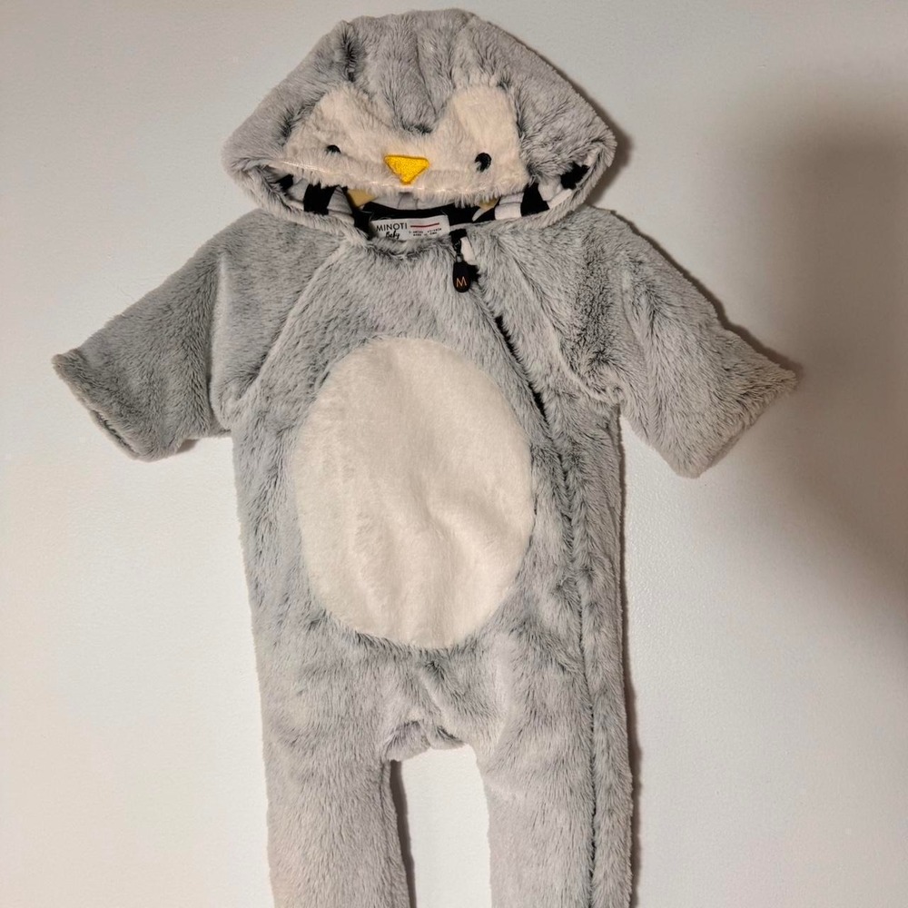 Minoti Baby unisex gray penguin Fuzzy Snowsuit Size 3-6 Months